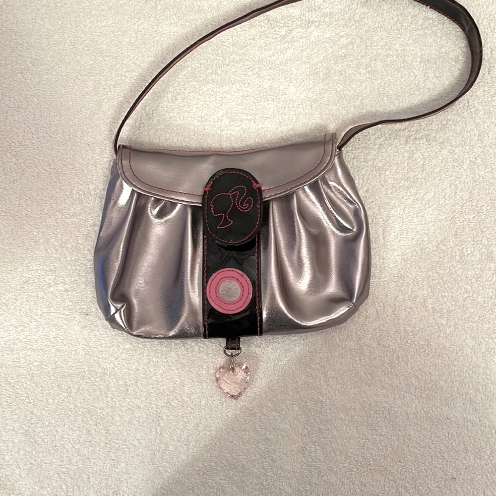 Girls Barbie & Me Purse, Vintage Pinkish Silver, Black Patent Leather Trim Heart
